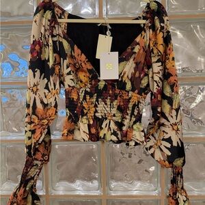WAYF Anthropologie Heartbreaker Smock Waist Blouse in Painted Daisies
